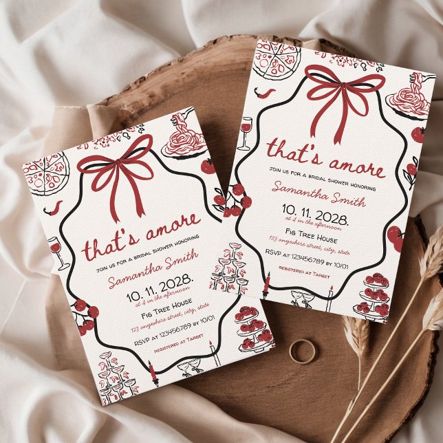 Det är mer Möhippa Hand plockade i Italien Inbjudningar (That's amore italian bridal shower invitation hand drawn pizza tomato pasta rehearsal dinerr)
