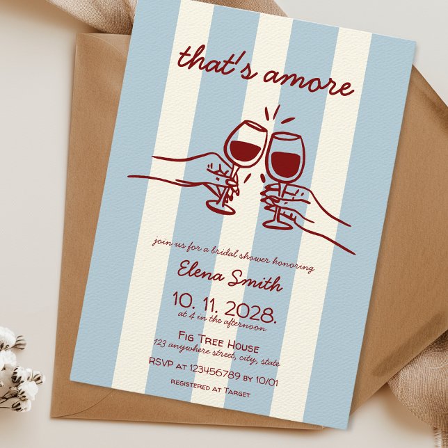Det är mer Vin Möhippa Hand plockade Inbjudningar (that's amore bridal shower invitation hand drawn Italian inspired co-ed shower red blue wine pizza)