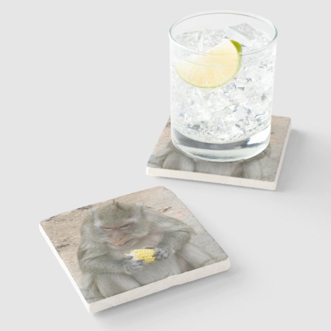 Det är min! .. Vild Thai Macaque Monkey Underlägg Sten (Sidan)