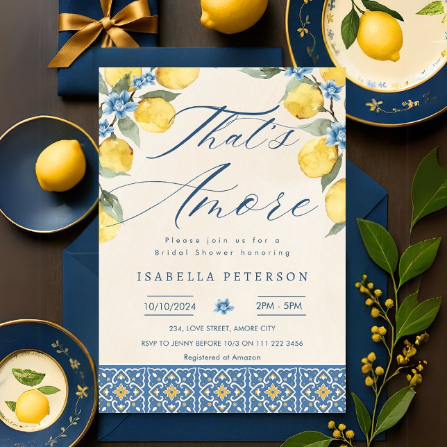 Det är Möhippan för Blommigten Blå Italiarna Inbjudningar (That's Amore Italy Blue Tiles Floral Bridal Shower Invitation)