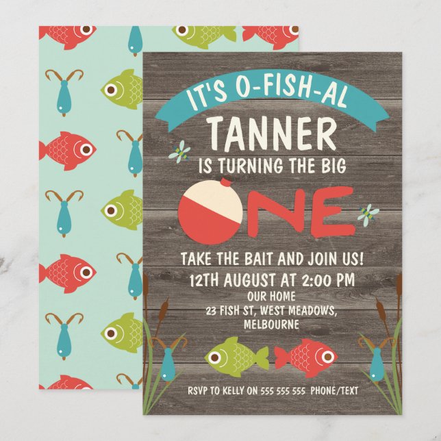 Det är O-fish-al-fiske 1:a födelsedagsinbjudan Inbjudningar (Fram/baksida)