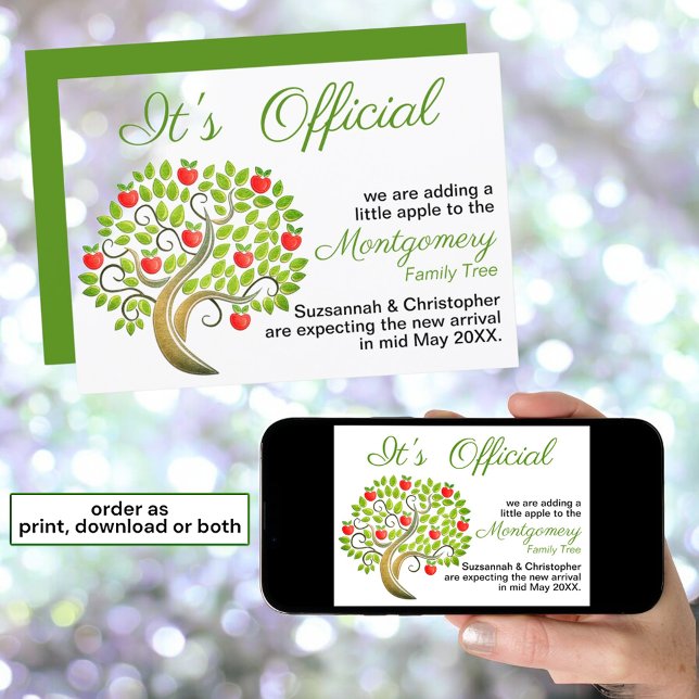 Det är officiellt vi väntar äppelträds mall (print and downloadable announcement)