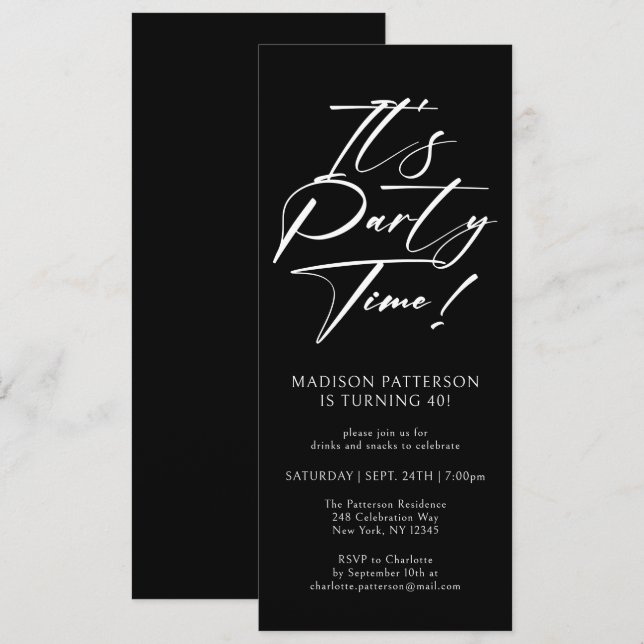 Det är Party-tid, 40:e födelsedag Party enkel Eleg Inbjudningar (Fram/baksida)