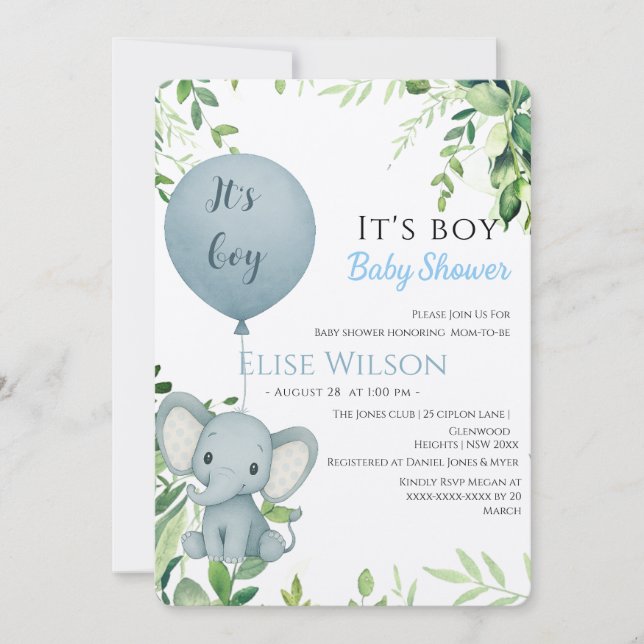 Det är pojken! Cute Little elephant baby med ballo Inbjudningar (Framsida)