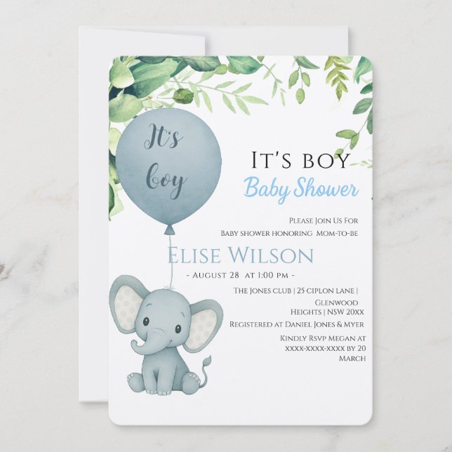 Det är pojken! Cute Little elephant baby med ballo Inbjudningar (Framsida)