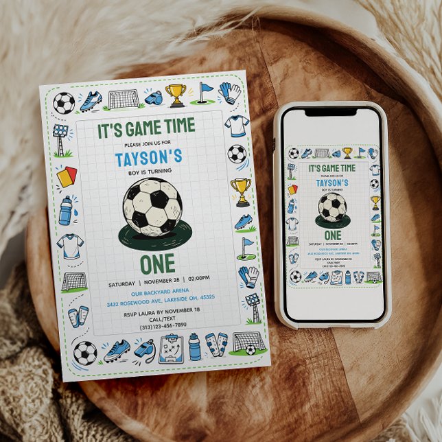 Det är speltid fotboll 1-årsdag inbjudningar (It’s Game Time soccer 1st Birthday Invitation
)