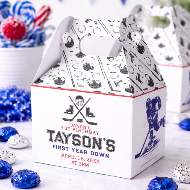 Det är Speltid Hockey 1:a födelsedagen Party Presentaskar (It’s Game Time Hockey 1st Birthday Party Favor Boxes
)