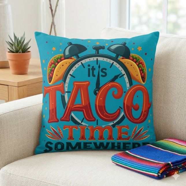 Det är Taco-tid någonstans Tex Mex Mexikansk mat Kudde (It's Taco Time Somewhere Tex Mex Mexican Food Throw Pillow On Couch)
