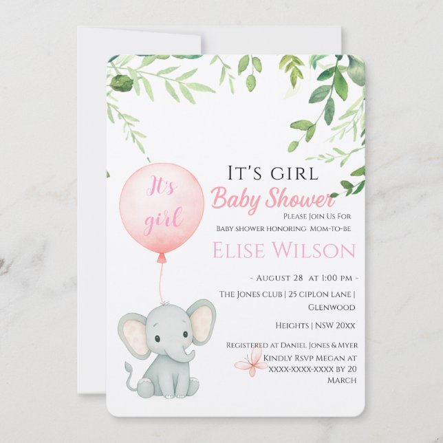 Det är tjejen! Cute Little elephant baby med ballo Inbjudningar (Framsida)