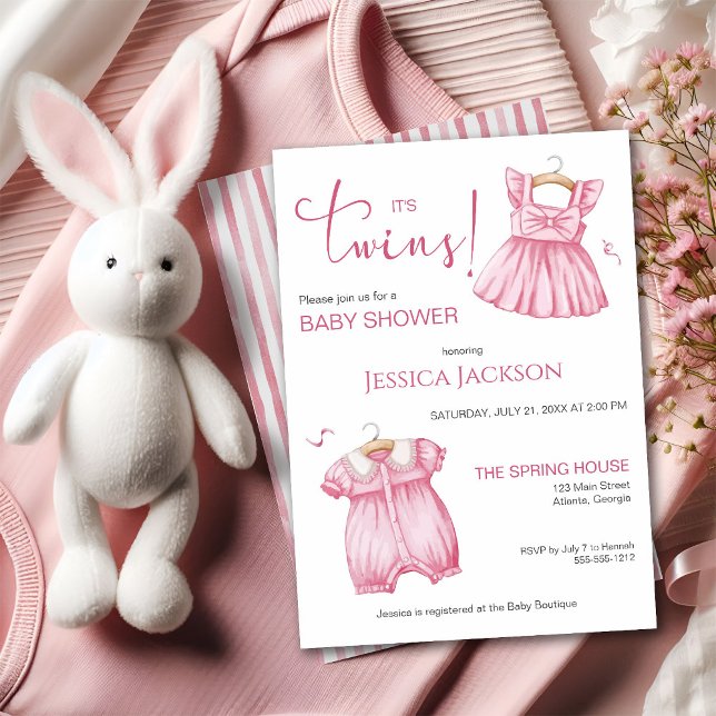 Det är tvillingar Rosa Skript Babyklänningar Inbjudningar (Skapare uppladdad)