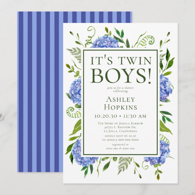 Det är tvillingpojkar Blå Hortensia Baby Shower  Inbjudningar (Fram/baksida)