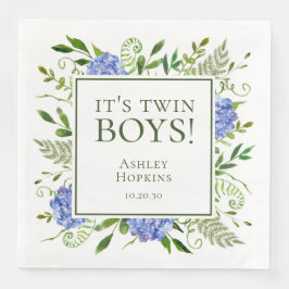 Det är tvillingpojkar Blå Hydrangeas Pojke Baby Sh Pappersservett