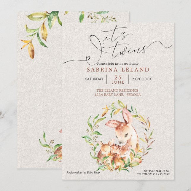 Det är Twillingar Babykläder Hjorten Fawns i läder Inbjudningar (Fram/baksida)