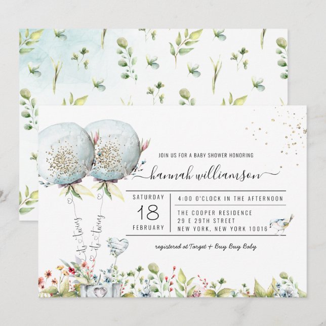 Det är Twillingar Blue Balloon Baby Shower-inbjuda Inbjudningar (Fram/baksida)