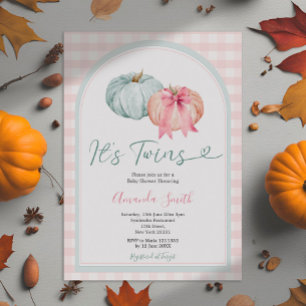 Det är Twillingar Blue & Rosa Pumpkin Gingham Baby Inbjudningar