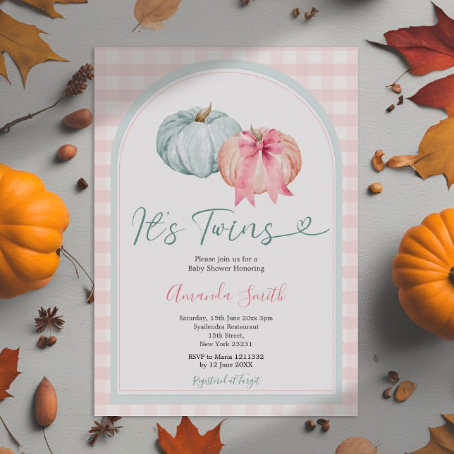 Det är Twillingar Blue & Rosa Pumpkin Gingham Baby Inbjudningar (Skapare uppladdad)