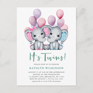 Det är Twillingar Boy Girl Elephant Balloon Baby S Inbjudan Vykort