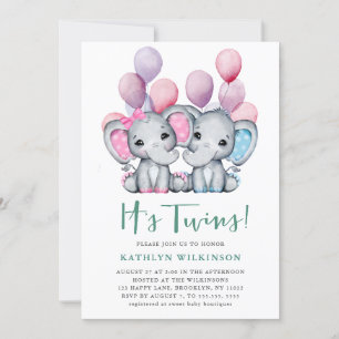 Det är Twillingar Boy Girl Elephant Balloon Baby S Inbjudningar