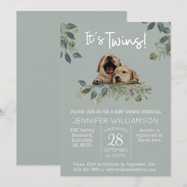 Det är Twillingar! Cute Hund Baby Shower Inbjudningar (Fram/baksida)