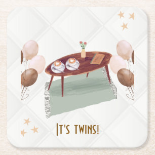 Det är Twillingar Kaffe, "Theter Baby Shower" Underlägg Papper Kvadrat