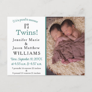 Det är Twillingar Modern Teal Photo Birth-meddelan Meddelande Vykort