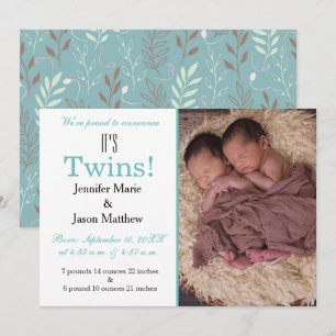 Det är Twillingar Teal Photo Birth-meddelande Inbjudningar