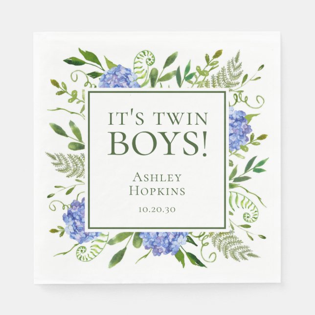 Det är Twin Boys Blue Hydrangeas Boy Shower Pappersservett (Framsidan)