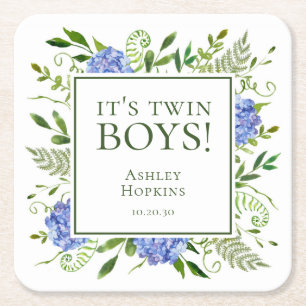 Det är Twin Boys Blue Hydrangeas Boy Shower Underlägg Papper Kvadrat