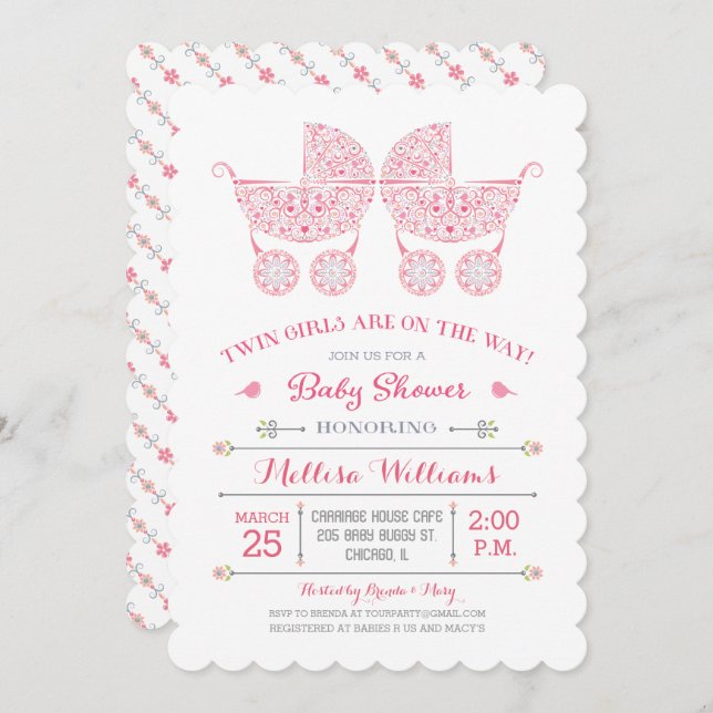 Det är Twin Girls! Inbjudan till twillingar för ba (Fram/baksida)