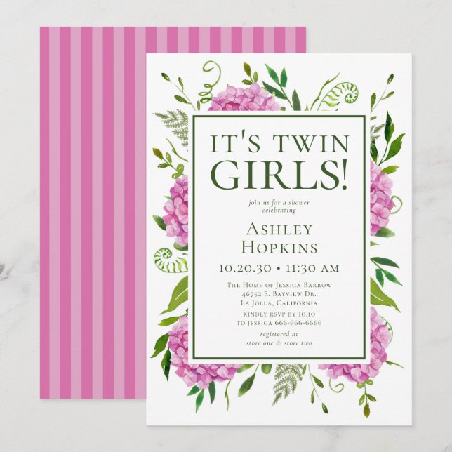 Det är Twin Girls Rosa Hydrangeas Baby Shower Inbjudningar (Fram/baksida)