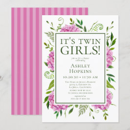 Det är Twin Girls Rosa Hydrangeas Baby Shower Inbjudningar