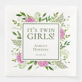 Det är Twin Girls Rosa Hydrangeas Girl Baby Shower Pappersservett