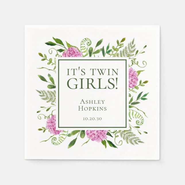 Det är Twin Girls Rosa Hydrangeas Girl Baby Shower Pappersservett (Framsidan)