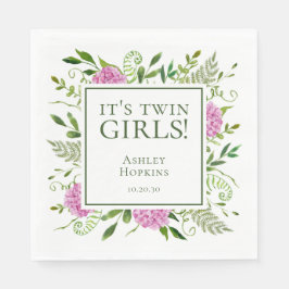 Det är Twin Girls Rosa Hydrangeas Girl Baby Shower Pappersservett