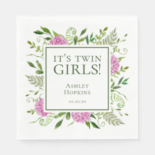 Det är Twin Girls Rosa Hydrangeas Girl Baby Shower Pappersservett