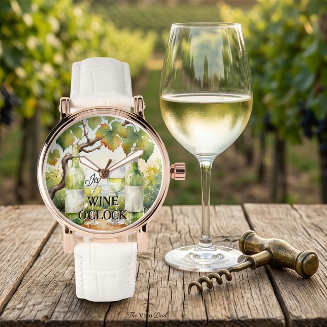 Det är vinets timme akvarell vingård vitt vin armbandsur (Watch featuring a watercolor painting of white wine and a vineyard - wine o'clock)