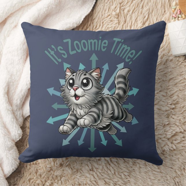 Det är Zoomie Time Grått Tabby katt Kudde (Filt)