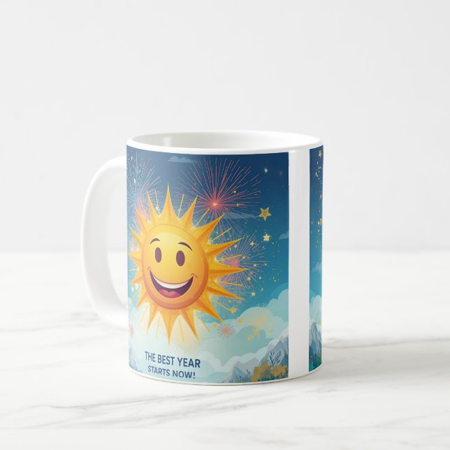 Det Bästa Året Börjar Nu! Leende Sol & Fyrverkerie Kaffemugg (Framsida vänster)