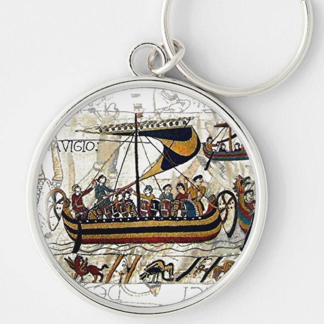 Det Bayeux Tapestry-11th århundradet Rund Silverfärgad Nyckelring (Framsidan)