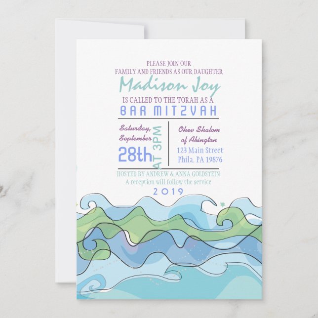 Det BEACHY hav vinkar bat mitzvah inbjudan för pub (Framsida)