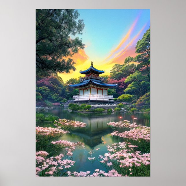 Det fantastiska japanska templet "Enchanting White Poster (Framsidan)