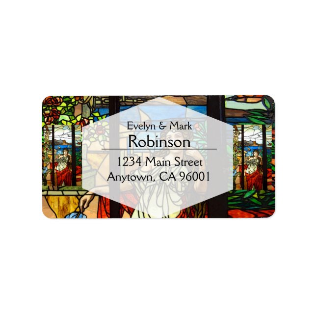 Det fastsatta glaset ser ut med dam sitta. adressetikett (Framsidan)