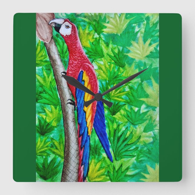 Det finns ett Scarlet Macaw i Träd! Fyrkantig Klocka (Framsida)