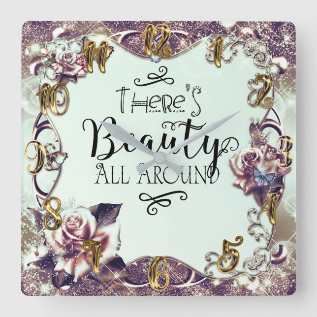 Det finns skönhet överallt Fjärilar & Rosor Fyrkantig Klocka (Framsida)