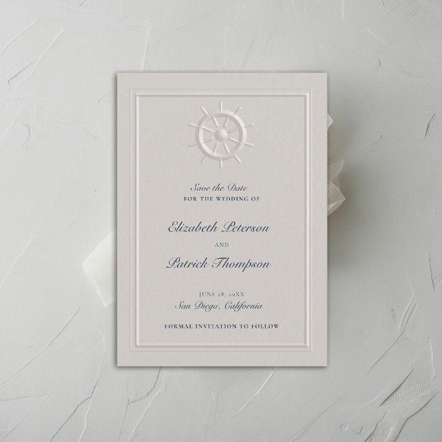 Det forna Bröllop i kustfartyget Nautical Boat Hel Spara Datumet (coastal nautical wedding save the date faux embossed boat helm double frame modern classic navy )