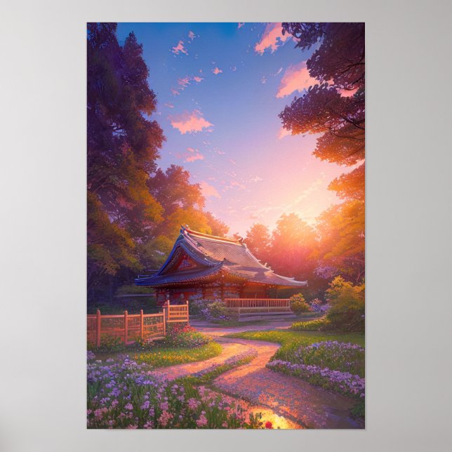 Det fredliga trähuset vid solnedgången poster (Framsidan)