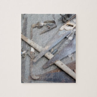 Det gammala verktygfotopussel med gåvan boxas pussel