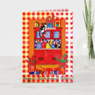 Det gammalmodiga kökskåpet med katten noterar kort