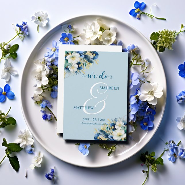 Det gör vi! Dusty Blue Guld Glitter Blommigt Spara Datumet (Skapare uppladdad)