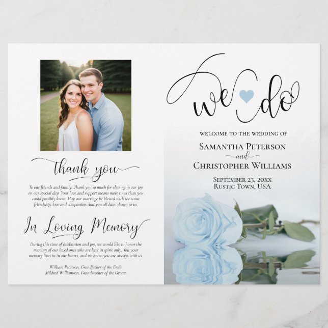 Det gör vi! Dusty Blue Ro DIY Fold Bröllopsprogram (Framsida)